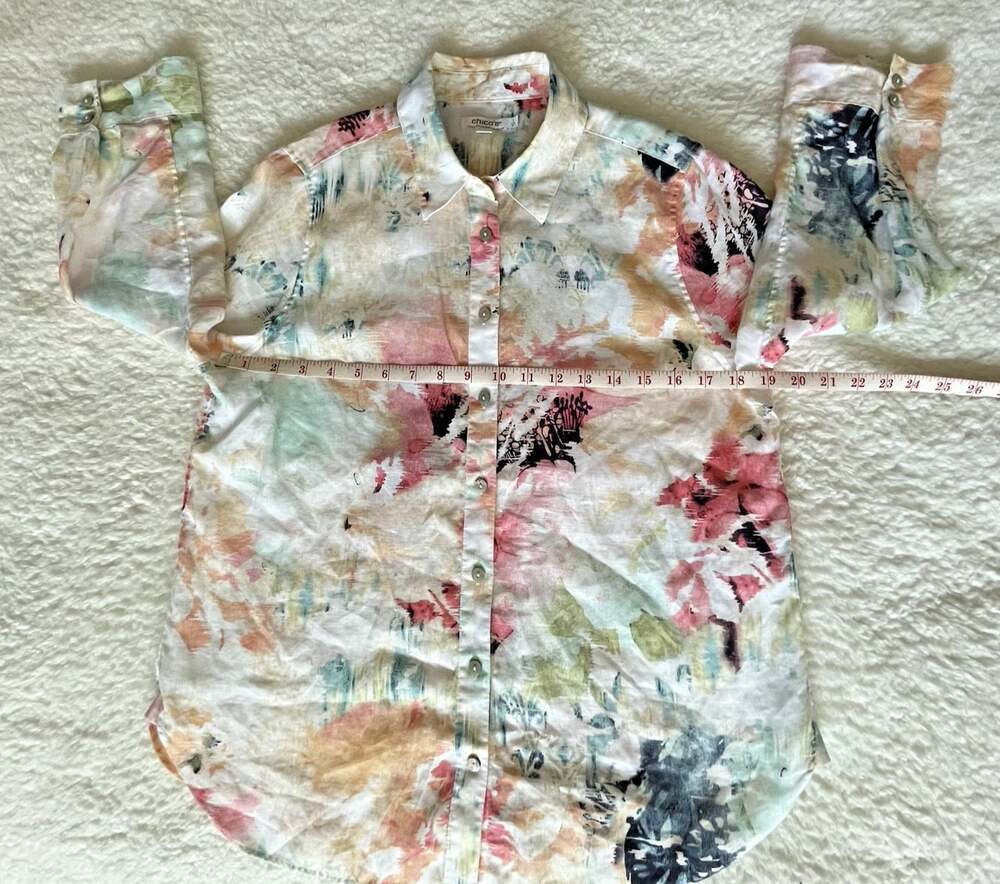 Chicos 1 Womens 8/M Linen Watercolor Art Button Shirt 3/4 Sleeve Resort Coastal - Picture 6 of 16